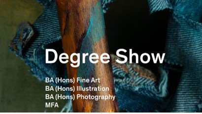 A photograph of wood and denim with the writing Design Show, BA Hons Fine Art, BA Hons Illustration, BA Hons Photography and MFA