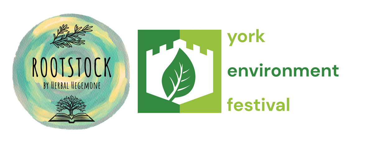 A yellow and green circle with the text Rootstock by Herbal Hegemone and a white castle with a leaf inside, with the text York Environment Festival 