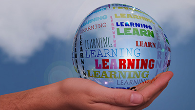 Hand under glass ball with word learning