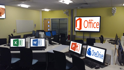 Screens with Microsoft office logos