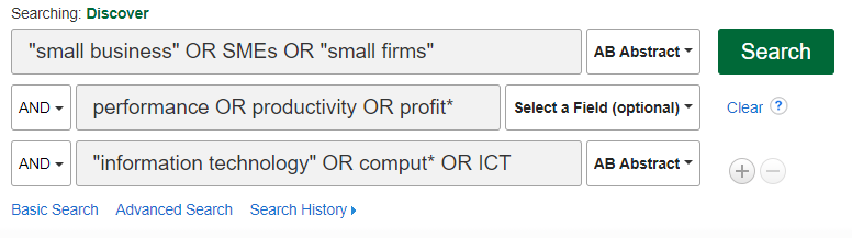 1st search box contains: 'small business' OR SMEs OR 'small firms' ; 2nd search box contains: performance Or productivity OR profit*; 3rd search box contains 'information technology' OR comput* OR ICT 