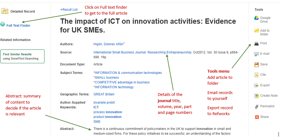 An article record in Discover. The article record contains key information you need such as article title, authors, source, publication information and subjects. 'Full text finder' or 'PDF' links will take you to the full-text. Options listed following the 'Tools' heading include printing, emailing, citing and exporting. 