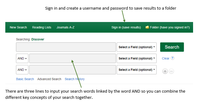 A screenshot of the advanced search box, with a 'Sign in (save results)' option and different search boxes to string search terms together.