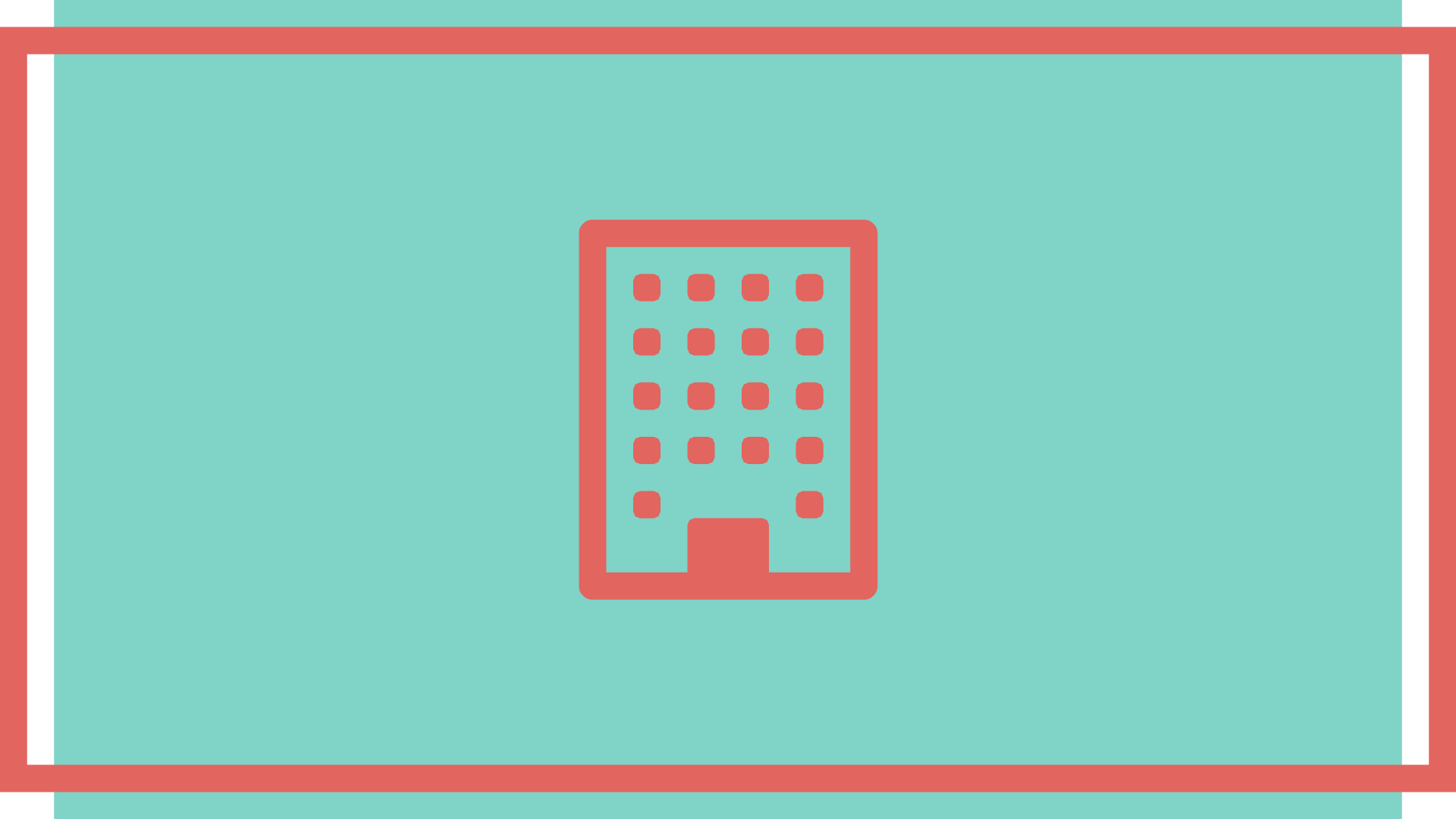 A red building icon on a mint green background
