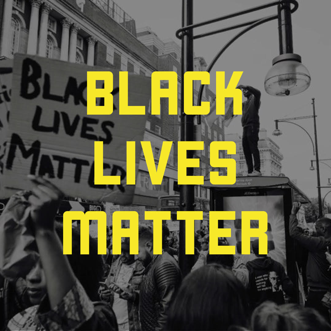 The words Black Lives Matter placed over a black and white image of protest