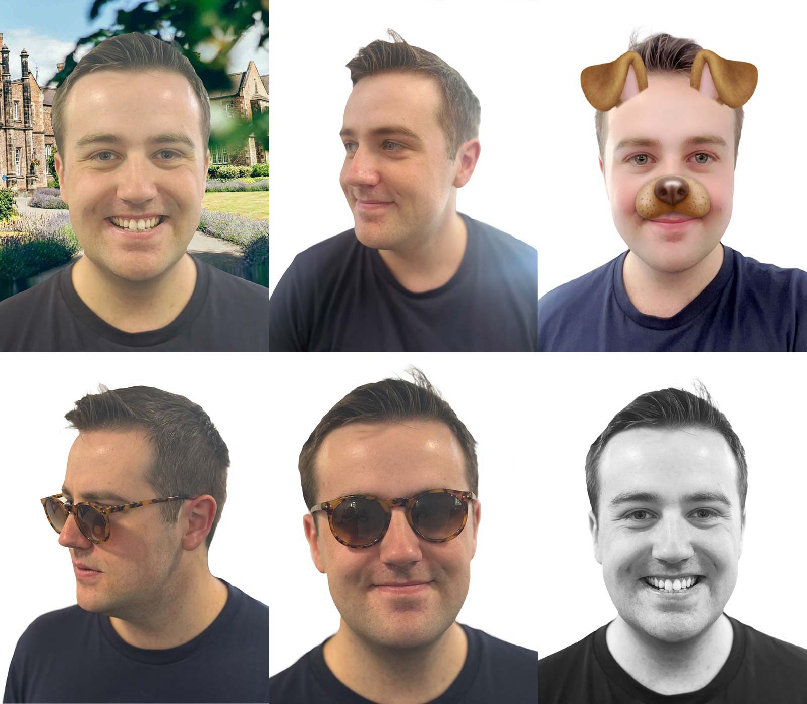 Collage of unsuitable ID card images, in order: student image against a busy landscape background, student looking away from the camera, student with a Snapchat filter obscuring their face, student wearing sunglasses, photo in black and white.