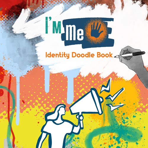 Figure with loudspeaker on colourful background. Text reads: Identity Doodle Book.