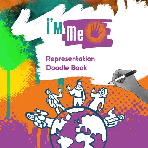 Globe and multiple figures on a colourful background. Text reads: Representation Doodle Book.