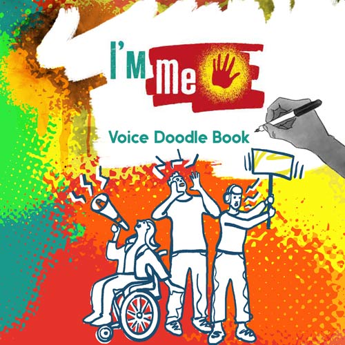 Protesting figures on colourful background. Text reads: Voice Doodle Book.