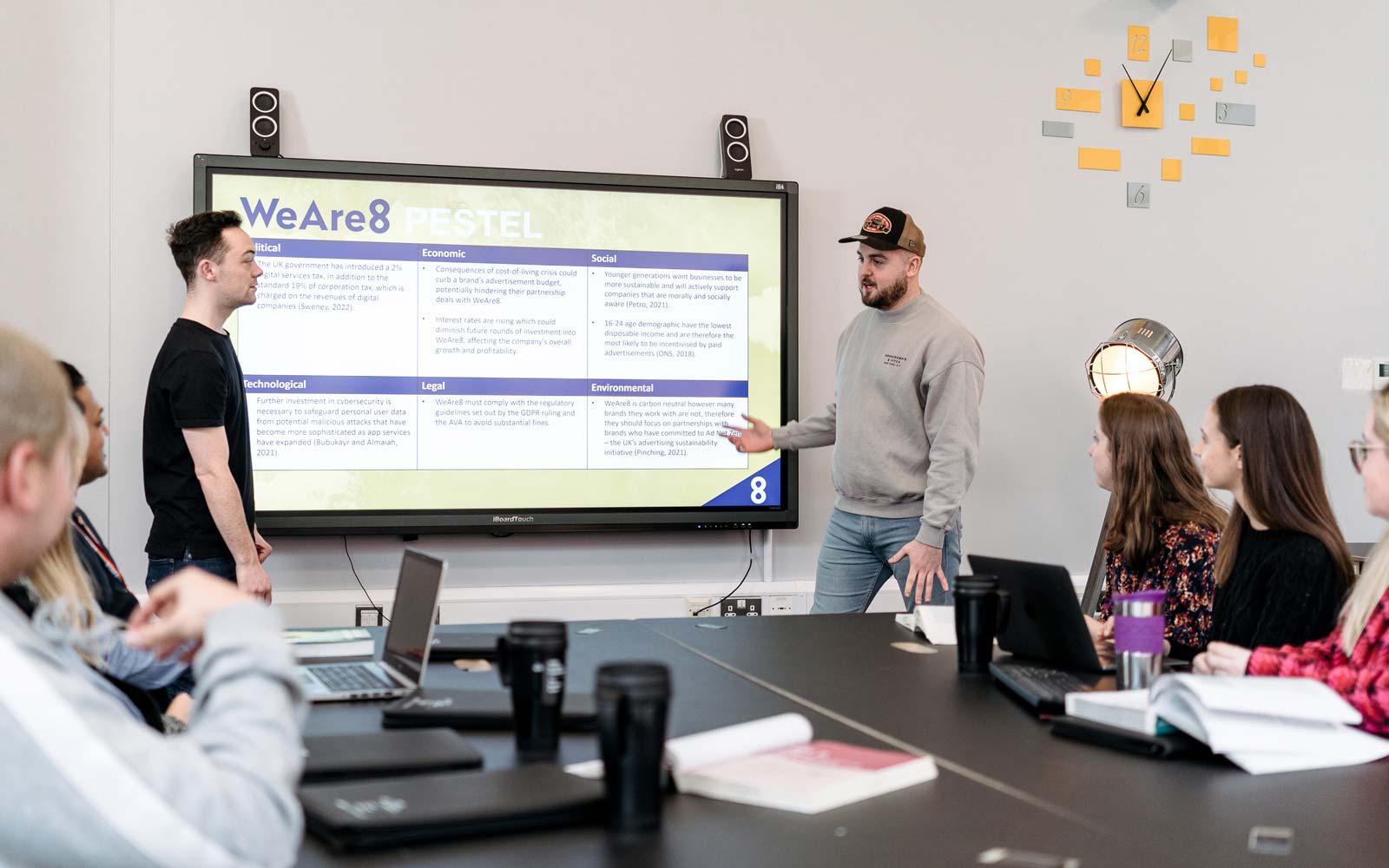 Students giving marketing presentation to group in front of screen