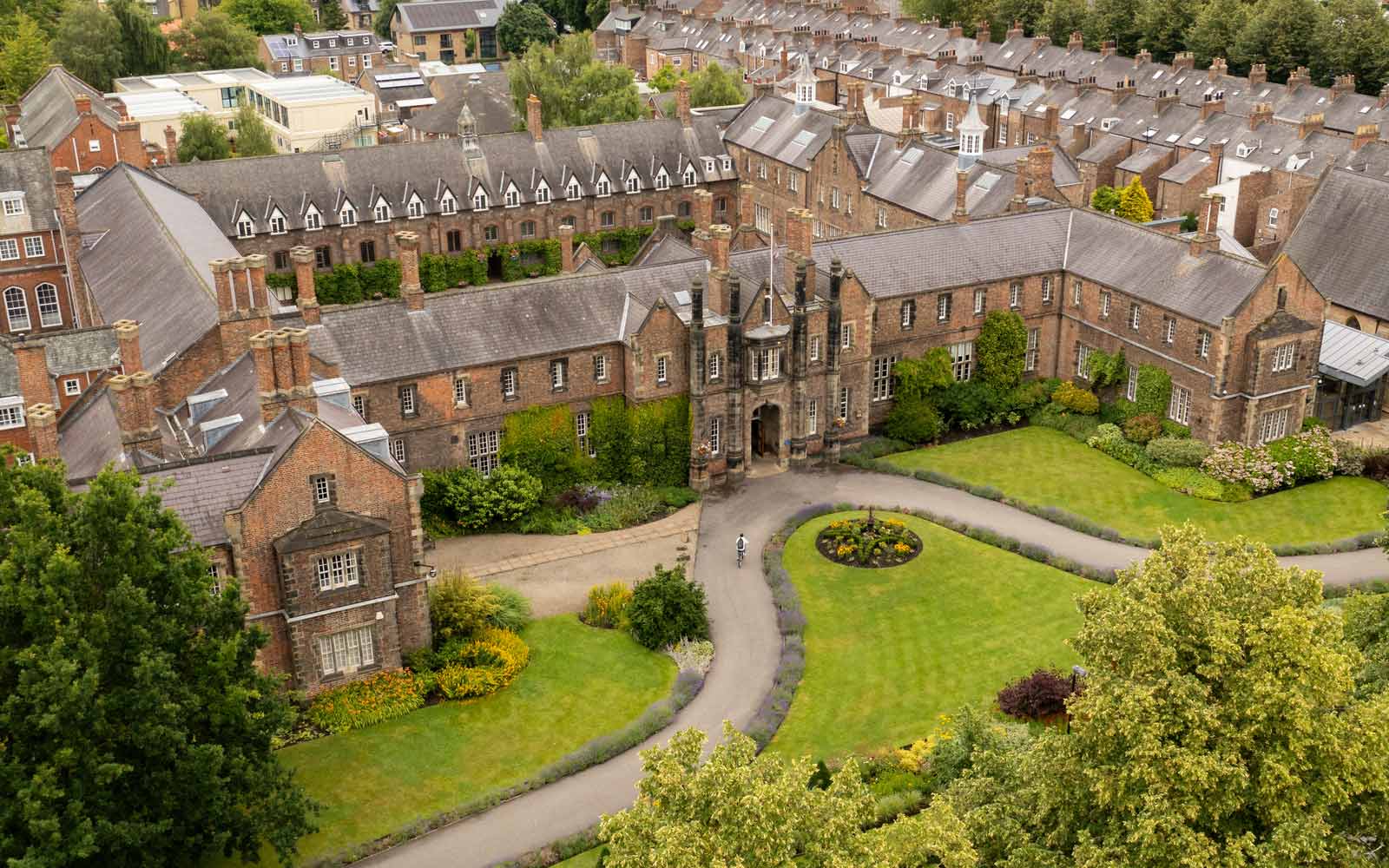 Aerial view of historic Lord Mayor's Walk buildings and Quad on the YSJ campus.