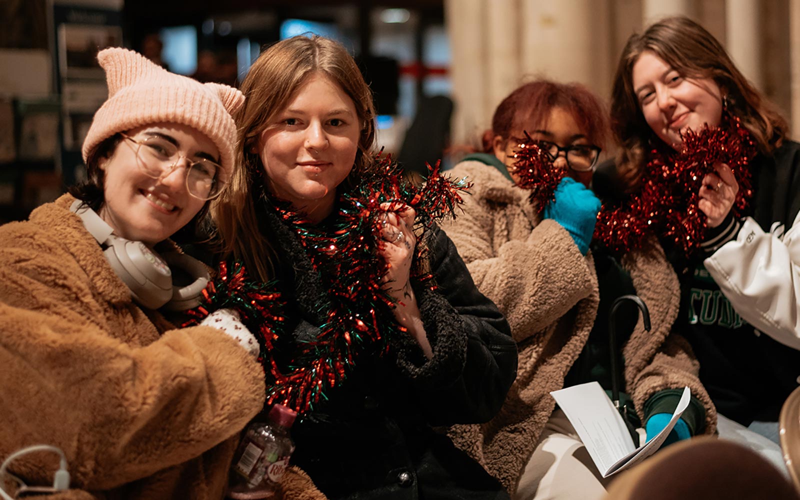 Students wearing tinsel at Minster