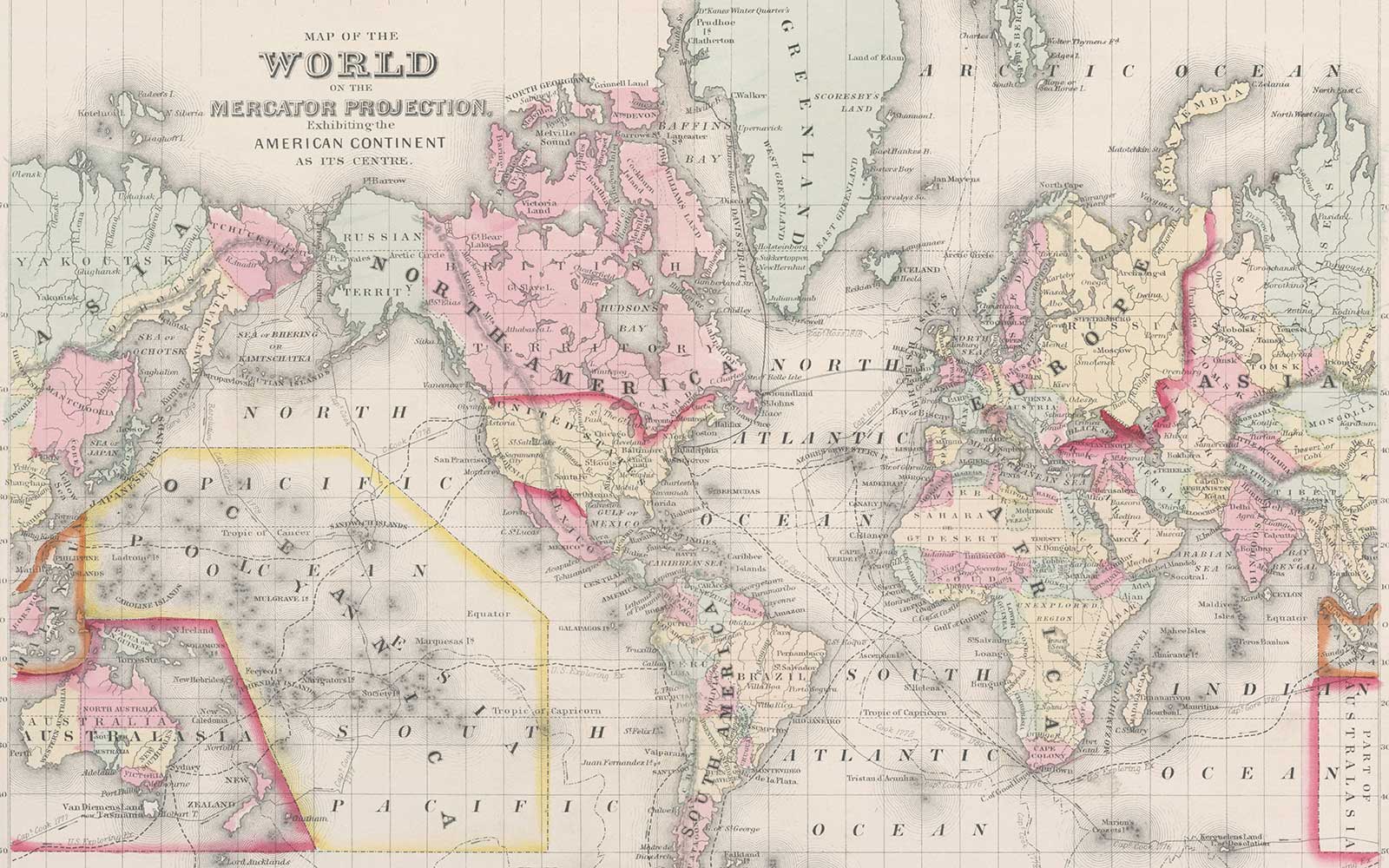 Map of the world on the Mercator Projection exhibiting the American continent at its centre