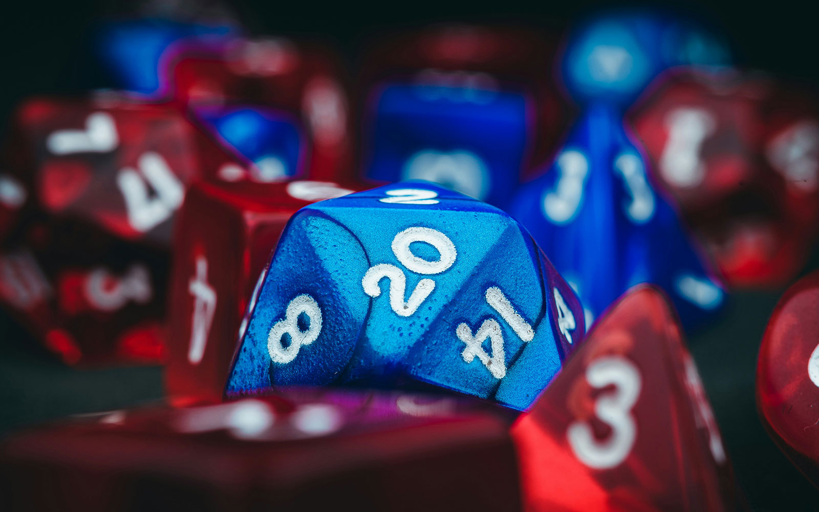 Red and blue 20-sided DND dice