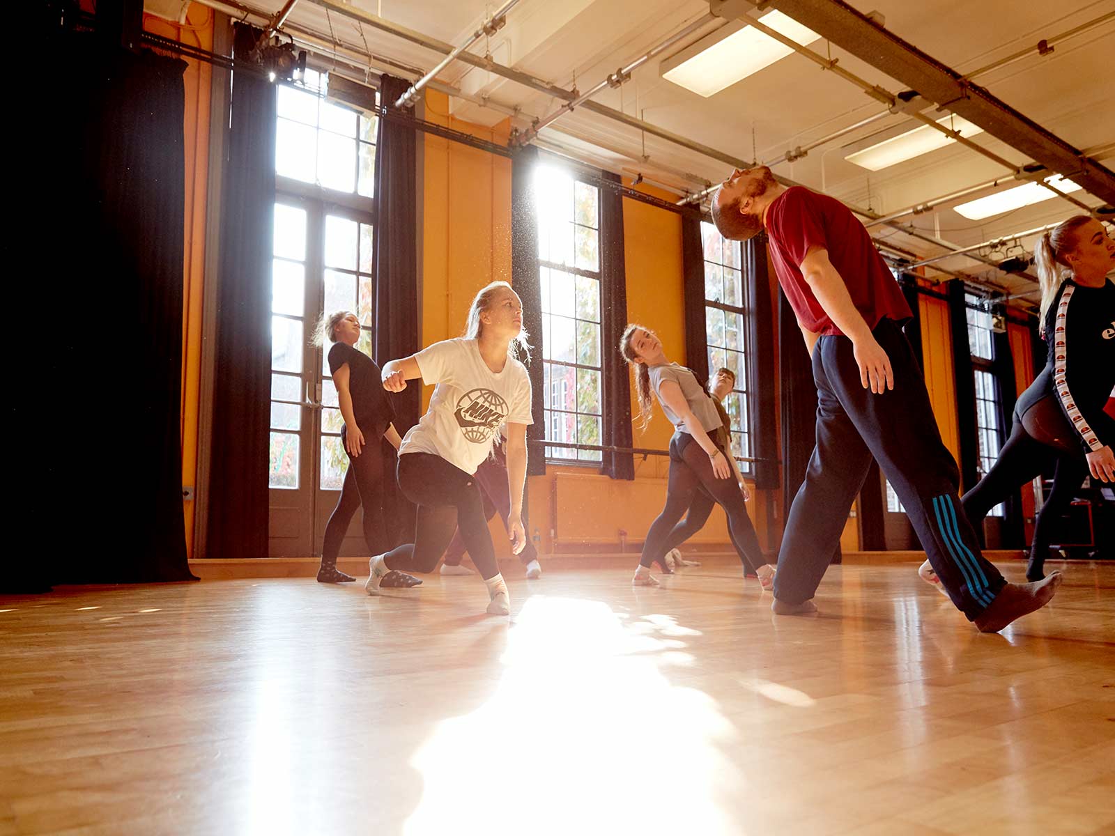 Long shot of students performing a dance piece 