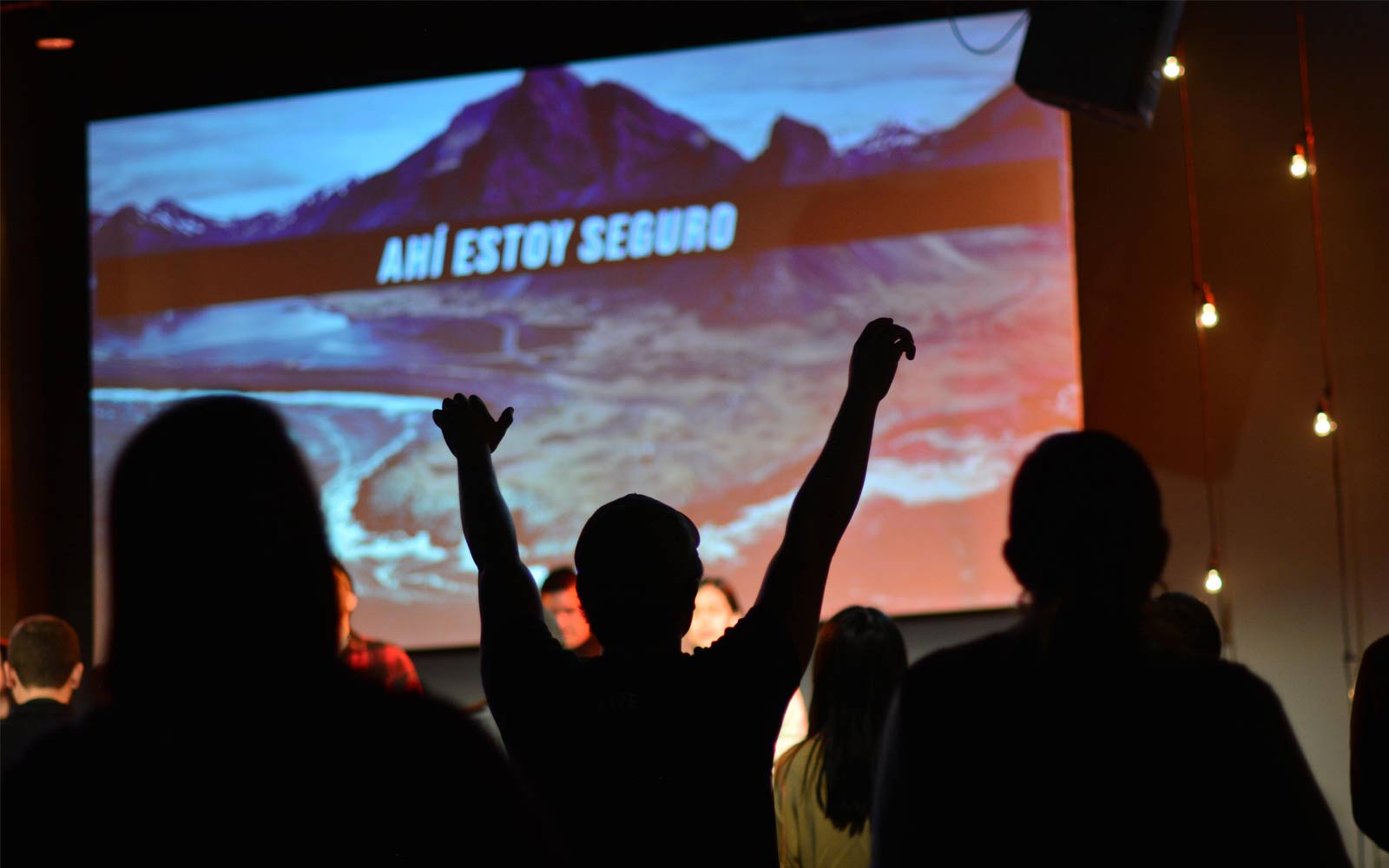 People silhouetted against a screen at a film screening.
