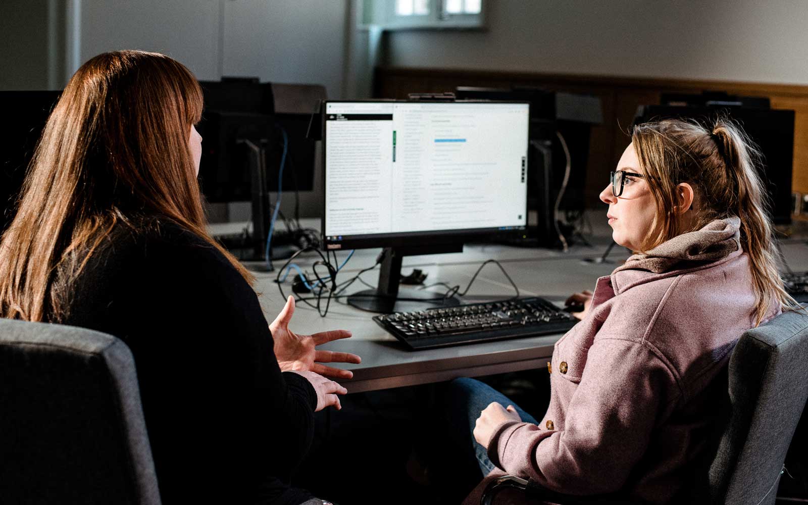 Tutor talking to student about software on computer screen