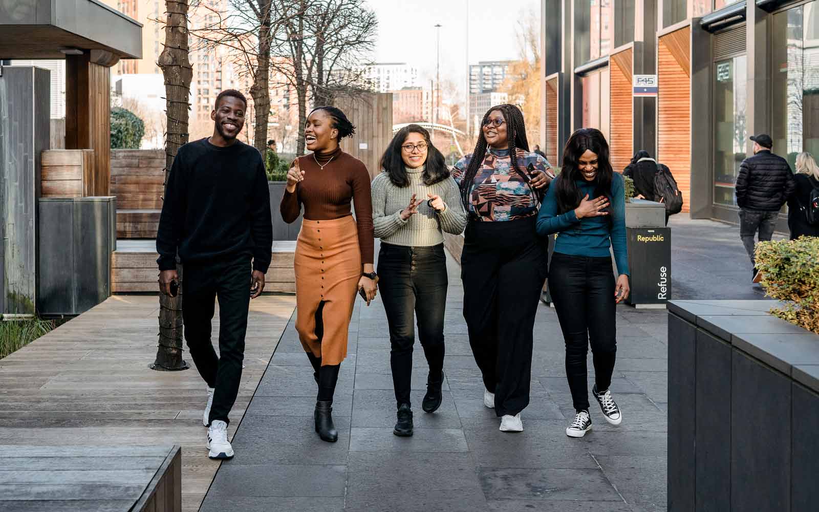 Students walking through the London Campus.