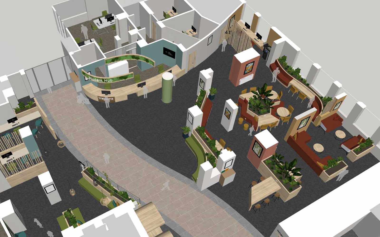 Artist impression of Student Hub changes to Holgate building, with remodelled desk and new meetings spaces.