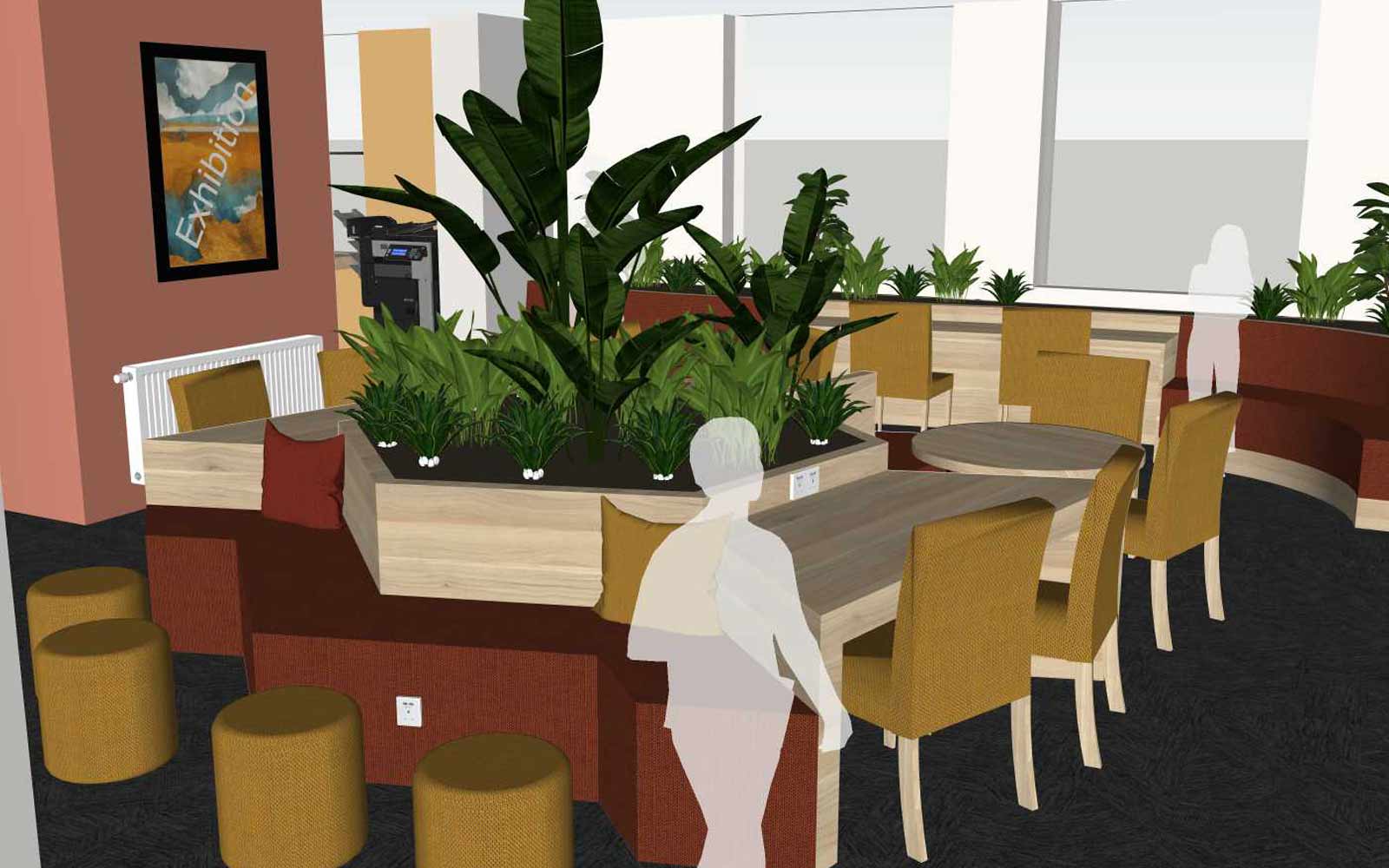 Artist impression of Holgate Student Hub space, with social seating and planters.