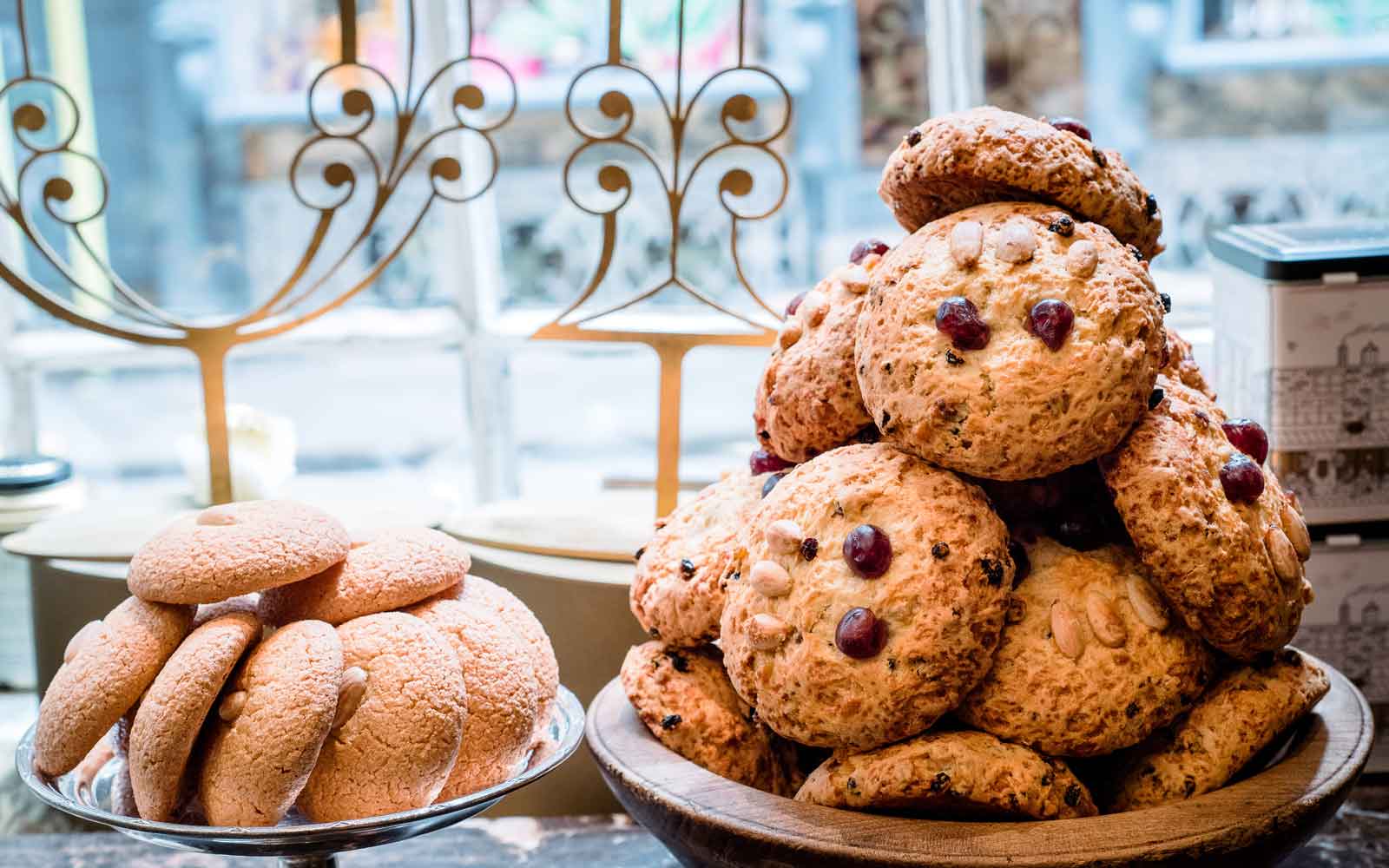 Baked goods in a shop window.