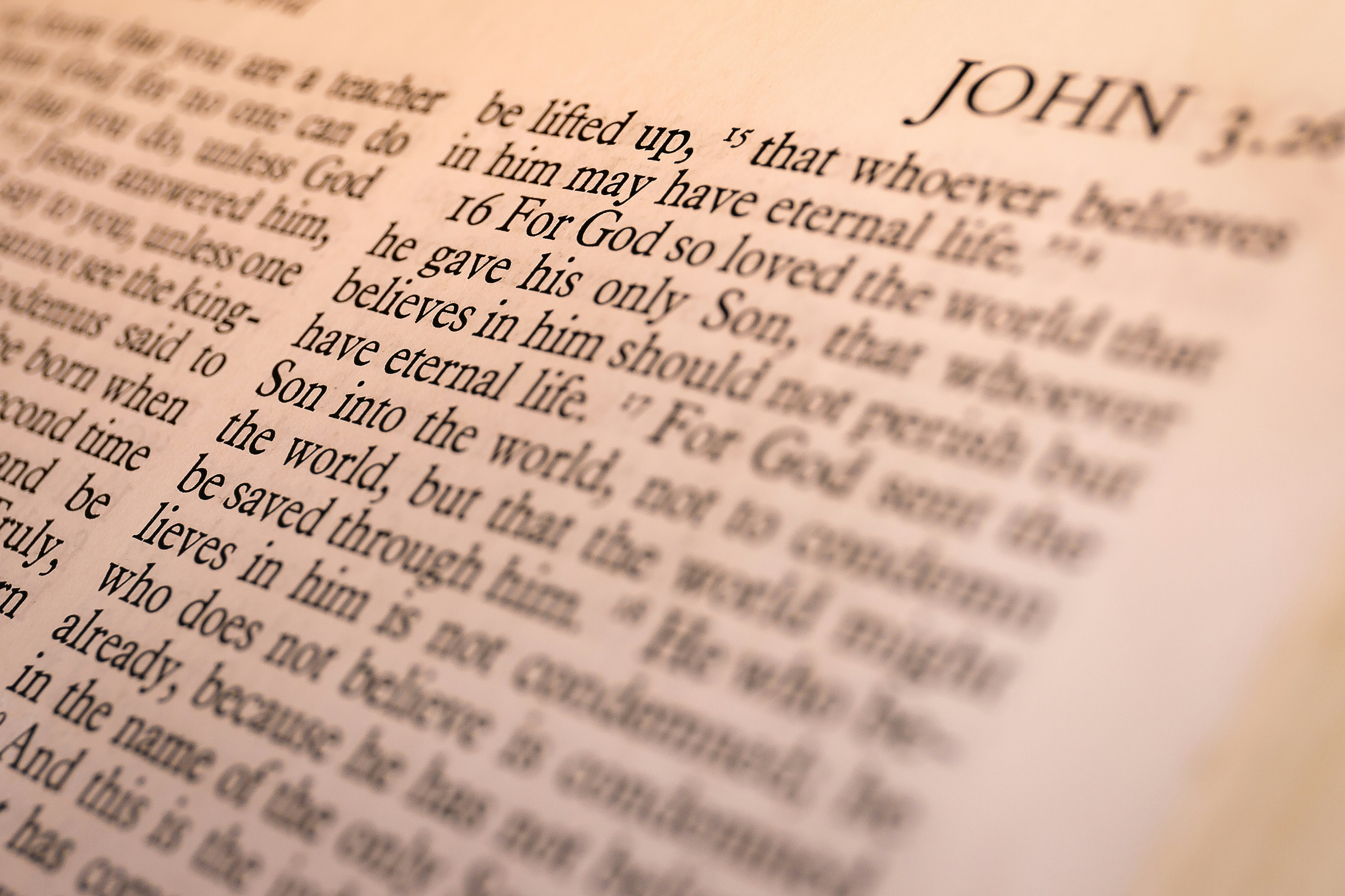 Page of Bible, showing Gospel of John, chapter 3 verse 16