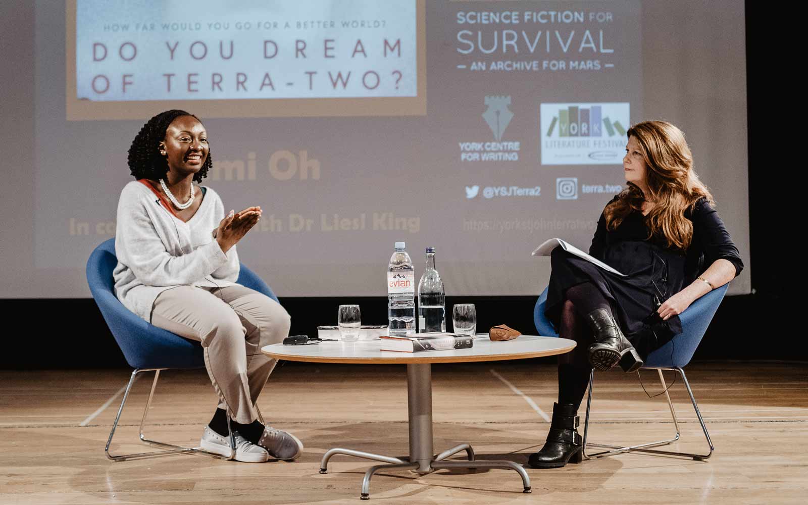 Author Temi Oh being interviewed by Dr Liesl King.