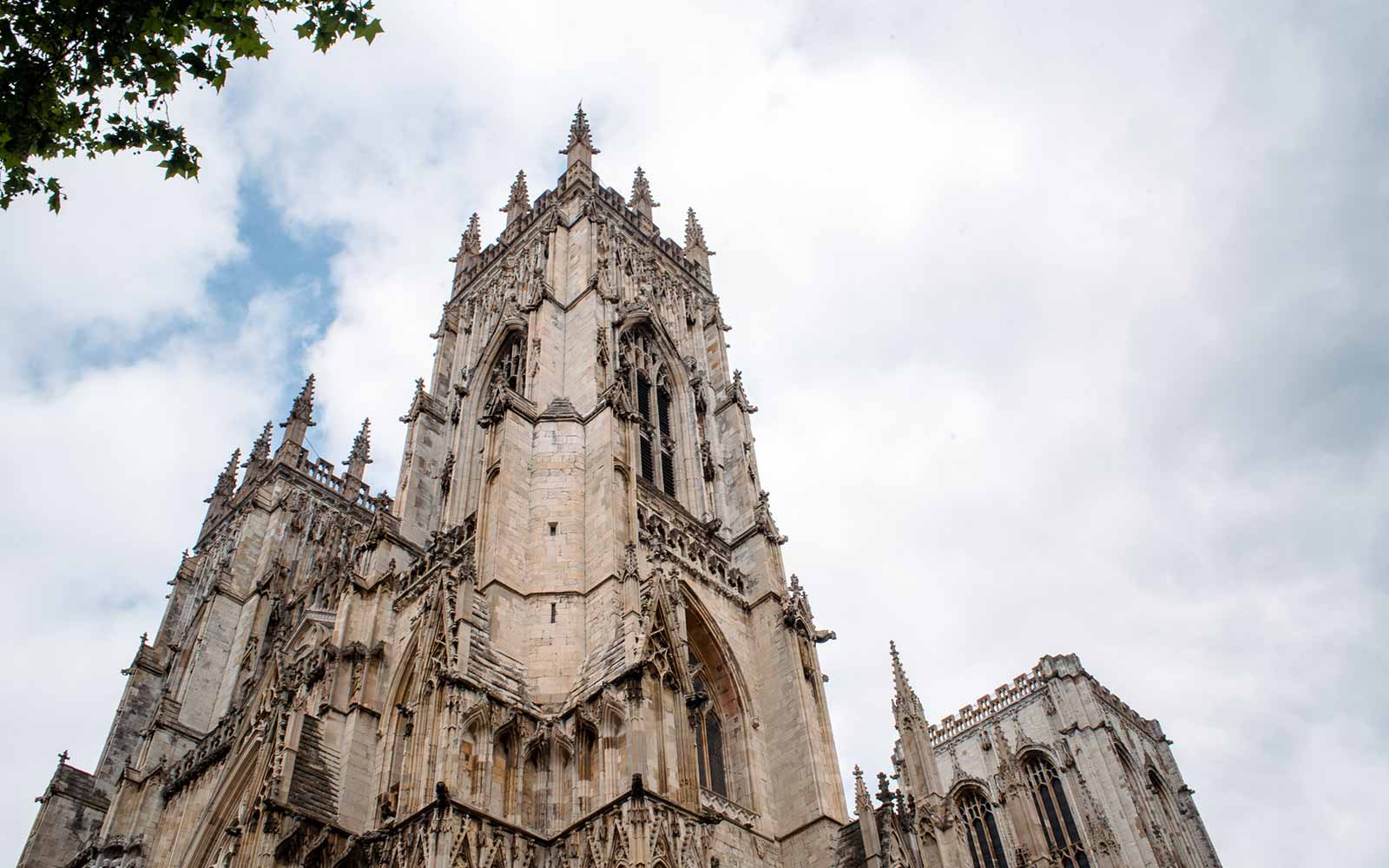 View of York Minster with green foliage in foreground.