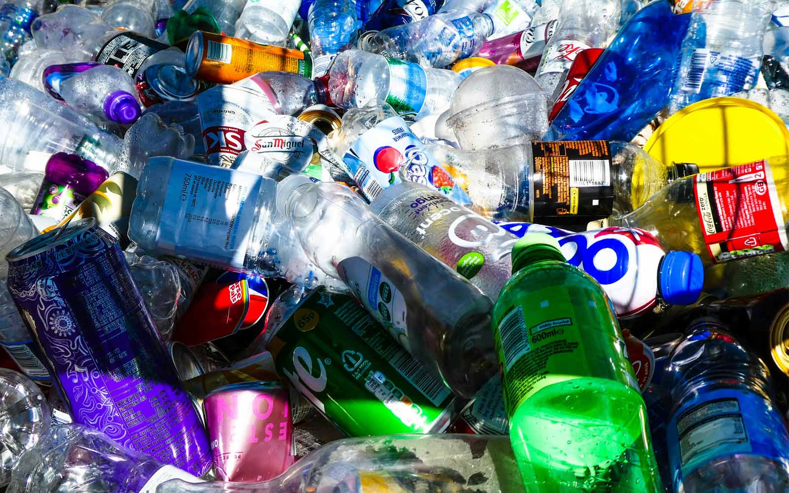 Plastic bottles and aluminium cans collected to be recycled.