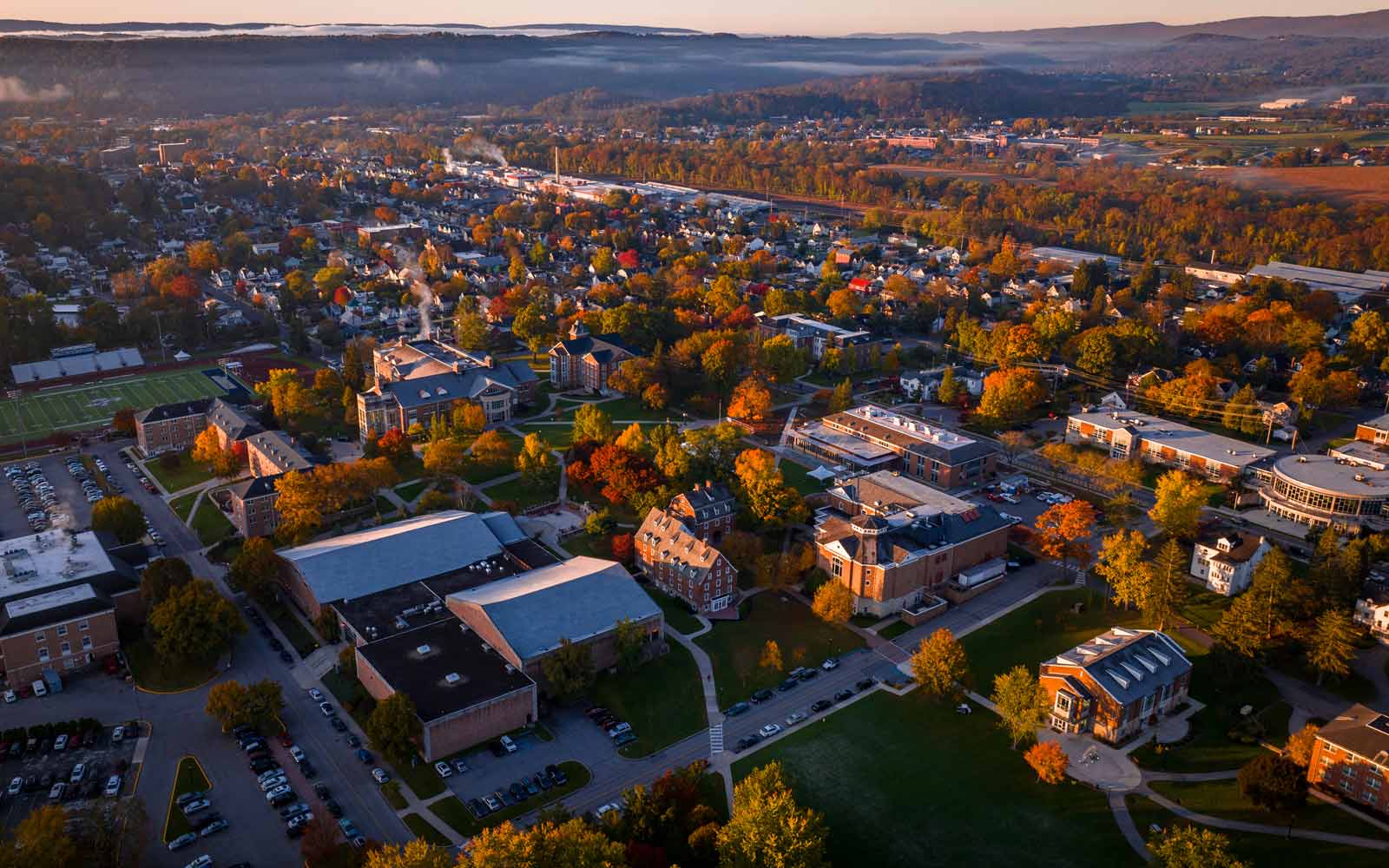 Aerial view of Juniata College, with autumn foliage.