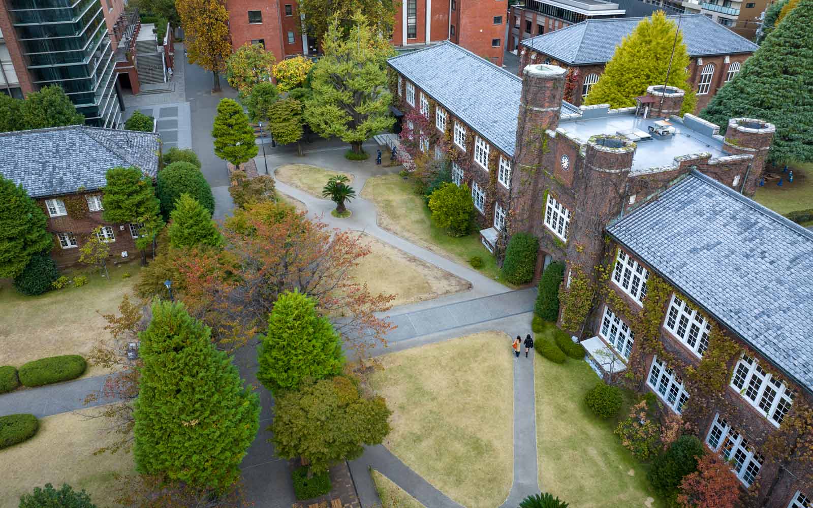 View of historic building and garden at Rikkyo University, Tokyo, Japan.