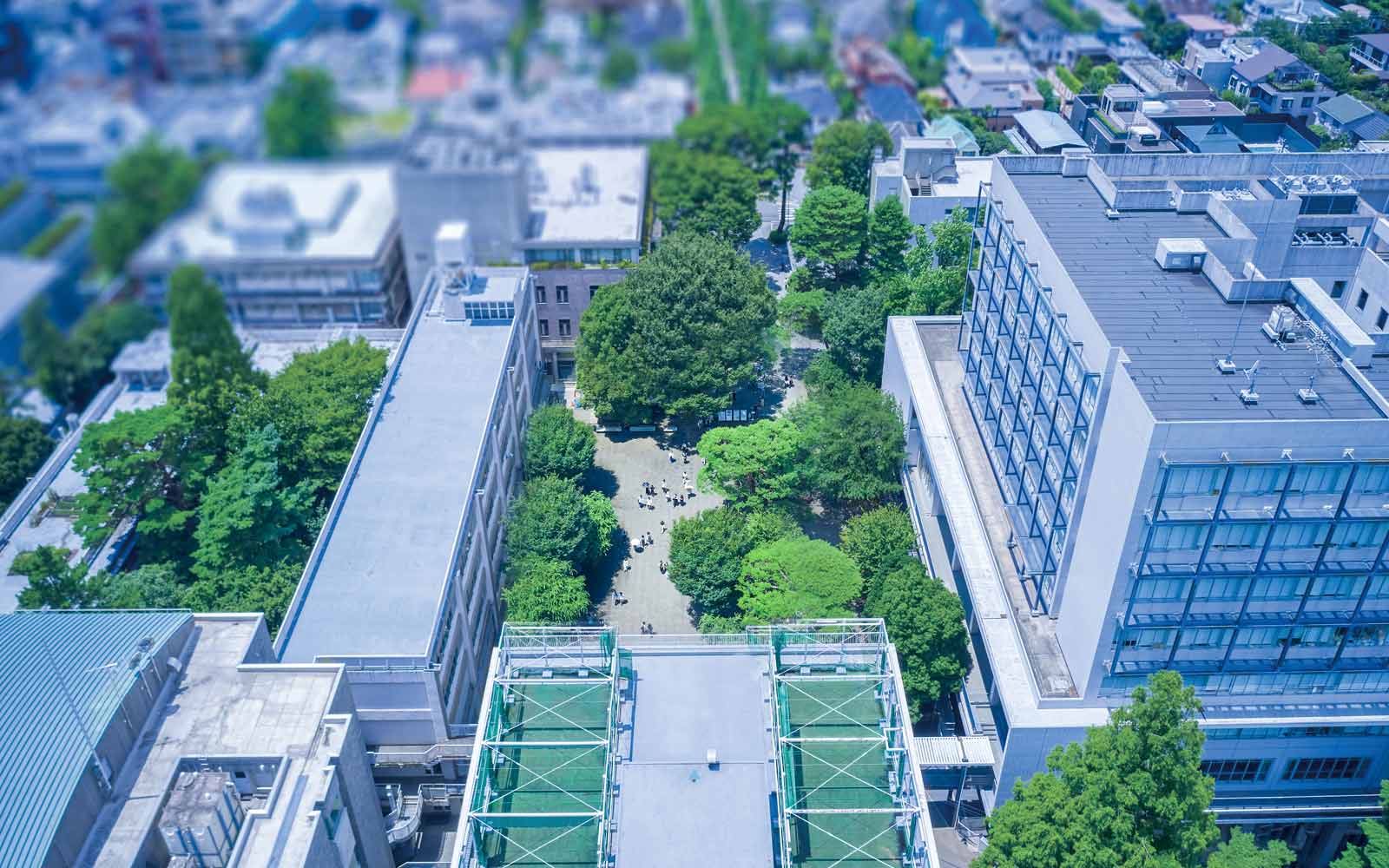 Aerial view of modern buildings and open spaces with trees on Seijo University campus.