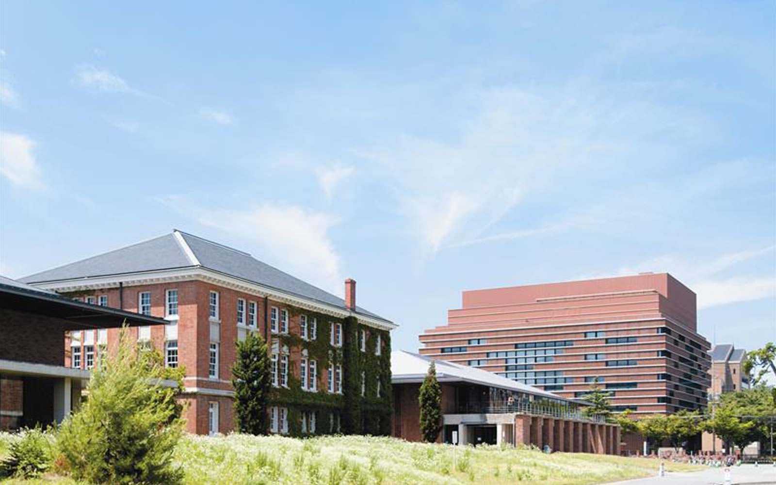 Historic and modern buildings side by side on the Seinan Gakuin University campus.