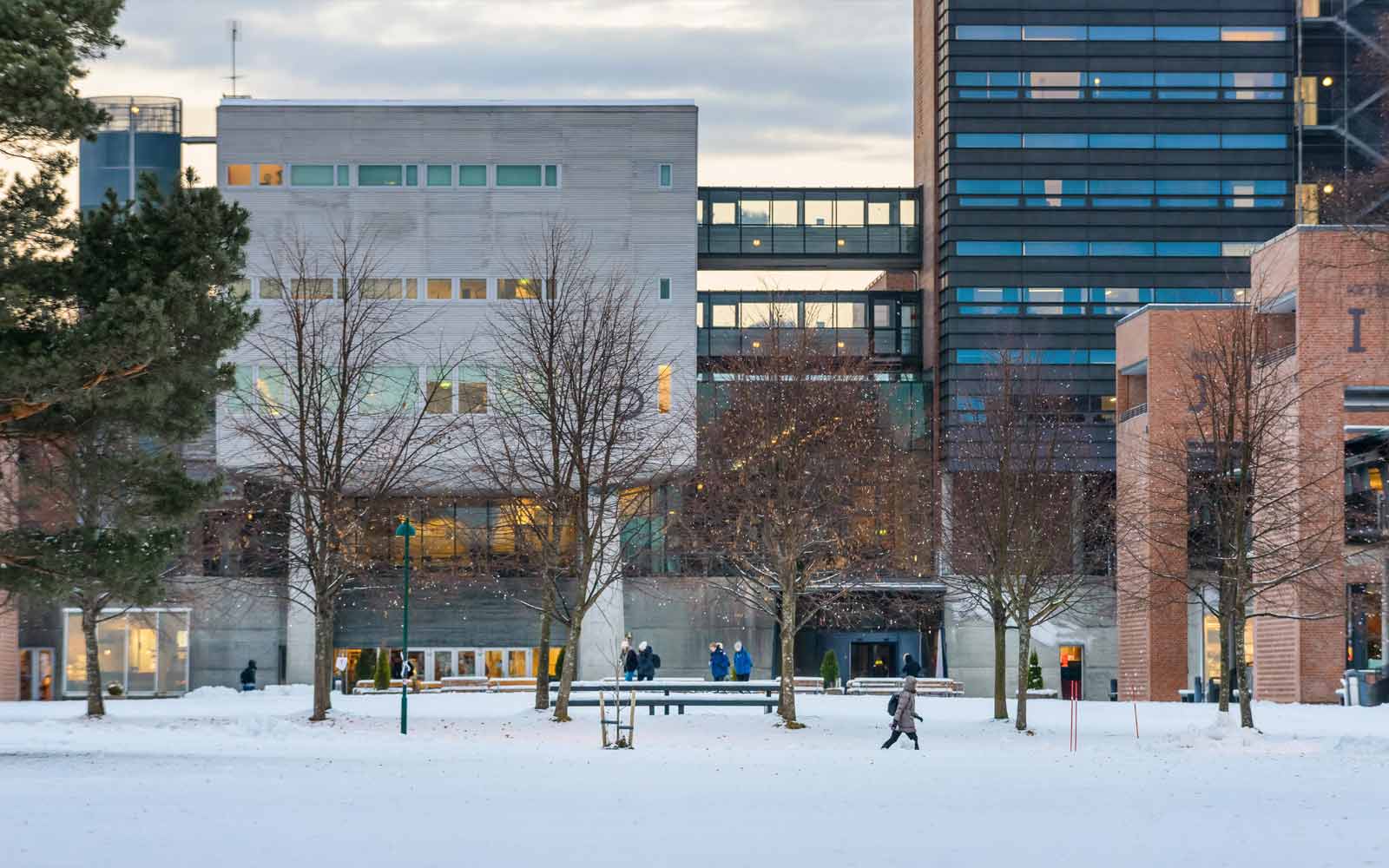 University of Agder campus buildings in the snow.
