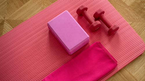 Yoga mat, yoga block, towel and weights