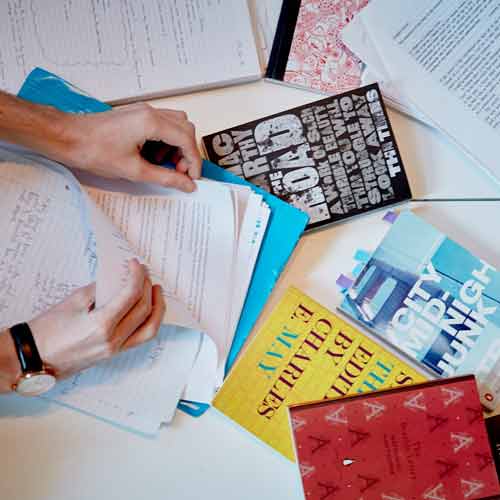 Books and notes on desk