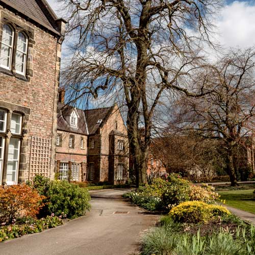 Campus buildings and gardens on Lord Mayors Walk