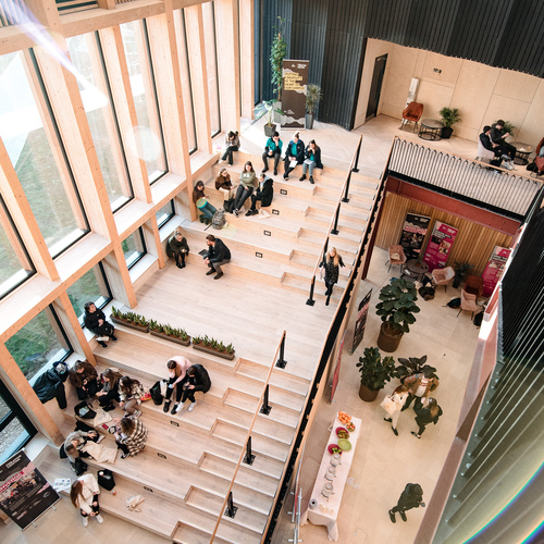 Arial view of students sitting together in the Creative Centre