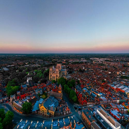 Aerial view of York at dusk
