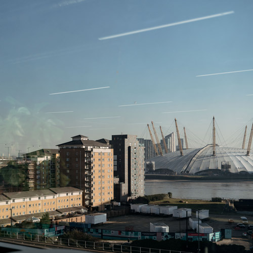 View of London out of window at London Campus building