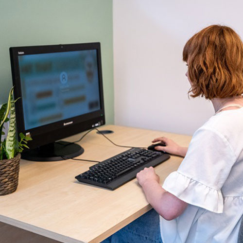 Woman working on a computer.