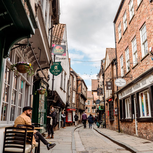 Looking down historic street in York city centre