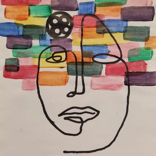 Painted coloured squares with outline of face painted over the top
