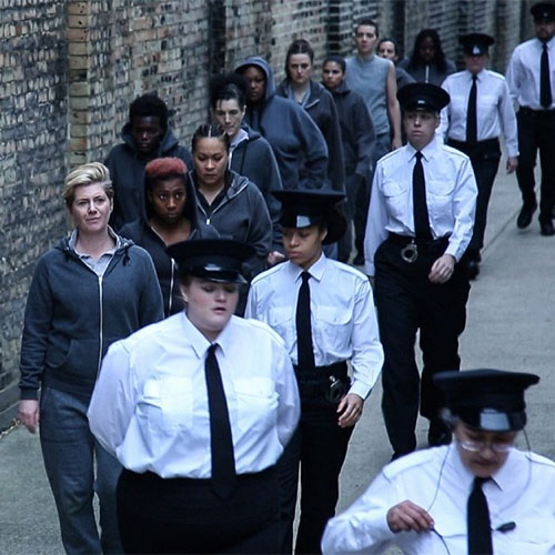 Prisoners and guards walking in line outside at women's prison