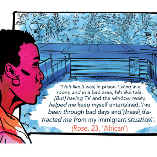 Quote - I felt like I was in prison. Living in a room, and in a bad area, felt like hell. But having TV and the window really helped me keep myself entertained. I've been through bad days and these distracted me from my immigrant situation.