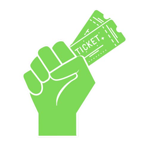 Graphic of green hand holding cinema tickets