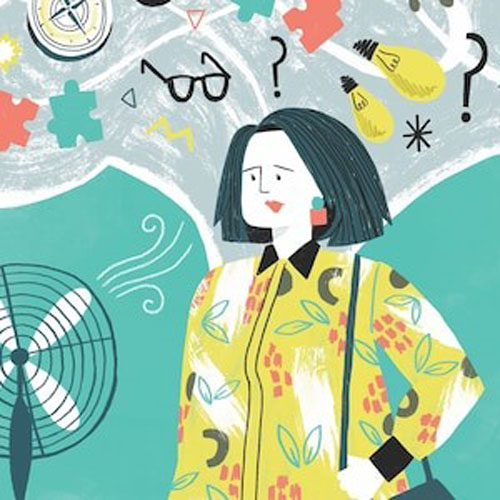 Cartoon of woman next to fan