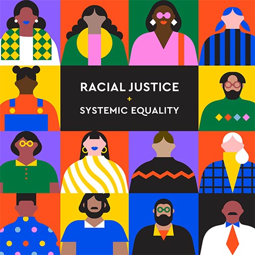 Graphic of a grid of individual portraits. In the middle, text reads racial justice and systemic equality.