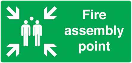Green and white official fire assembly point sign