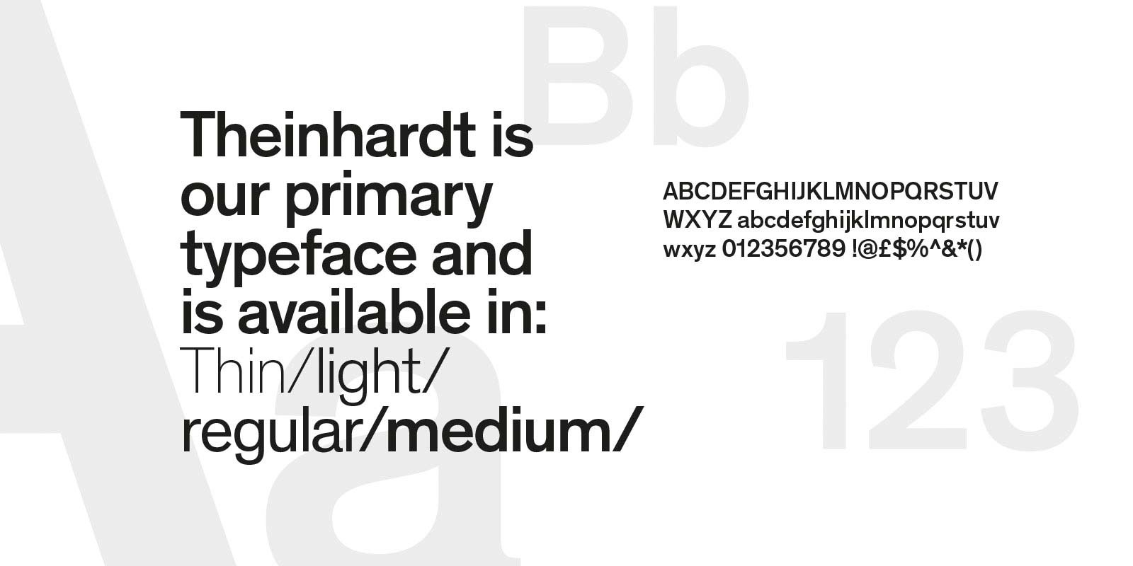 Example of Theinhardt font showing thin, light, regular and medium weight, plus alphabet.